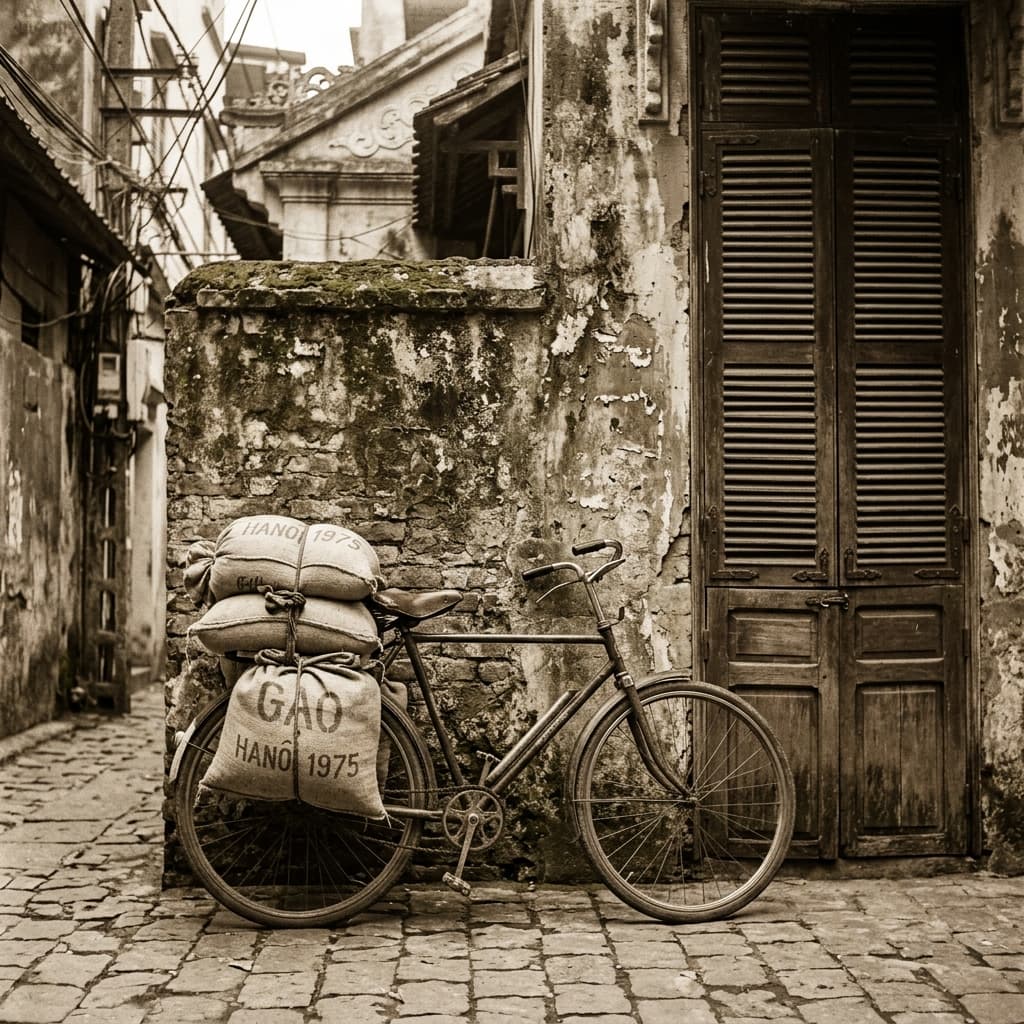Xe đạp thô sơ chở bao gạo trên ngõ phố cổ Hà Nội năm 1973
