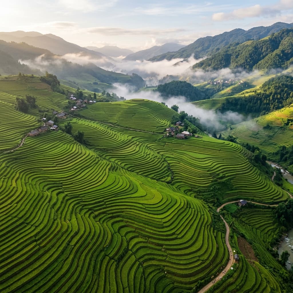 Đồng lúa xanh bát ngát từ trên cao